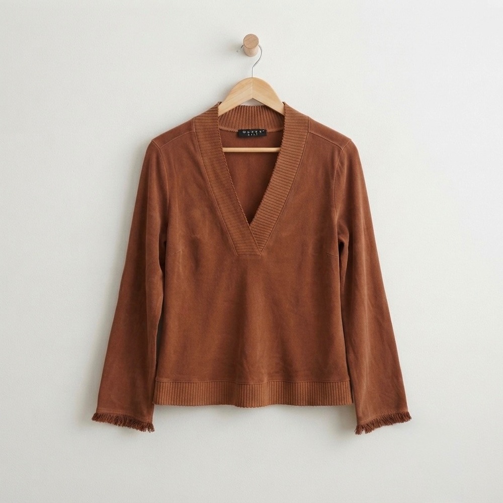 Maven West Silky Tencel Fringe V-Neck Top Brown Boho Minimalist Capsule Size S